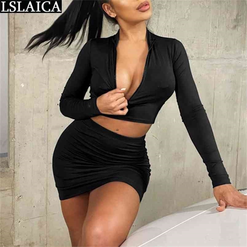Sexy Two Piece Set Women Autumn Solid Mini Skirt and Top Sets Womens Outfits Fashion Zipper Long Sleeve Crop Party Clubwear 210515