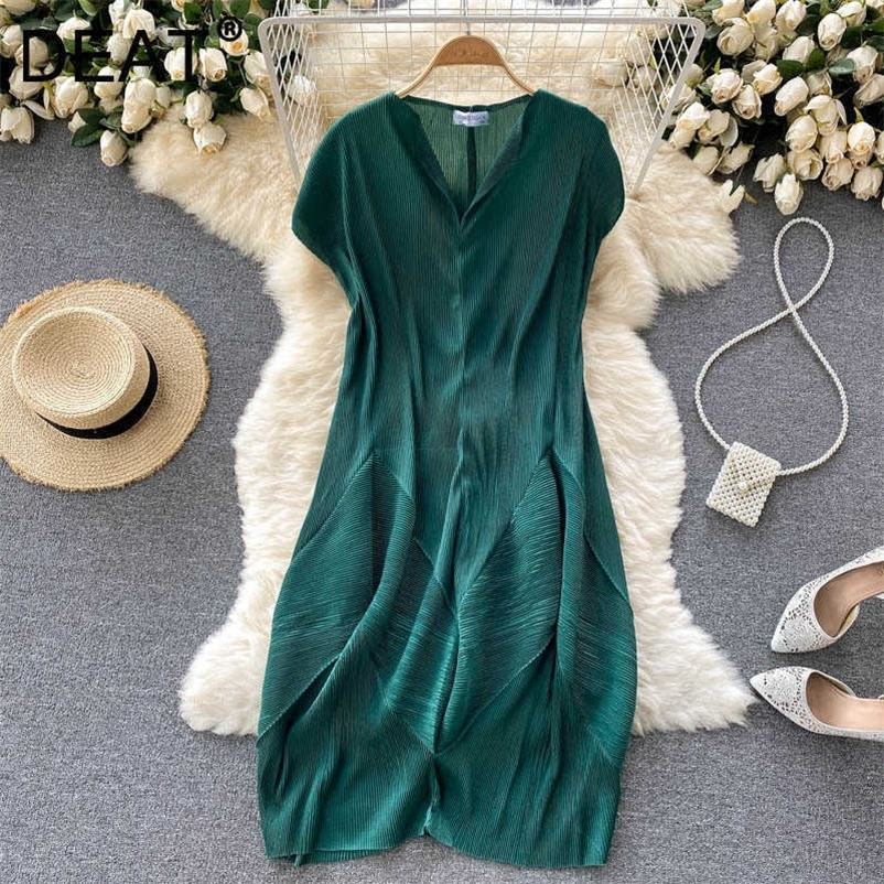 DEAT Women Pleated Dress V-Neck Short Sleeve Arrivals Lady Temperament Fashion Spring Summer 11D1542 210709