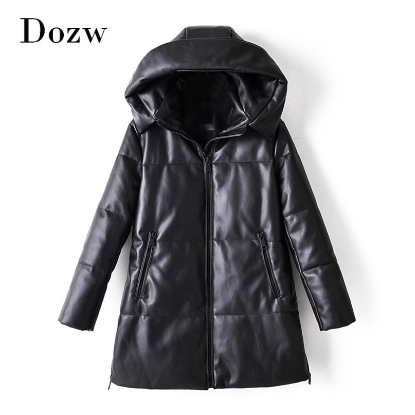 Winter Casual Faux Leather Black Coat Women Long Sleeve Thick Warm Jacket Lady Pu Leather Midi Long Hooded Tops 210414