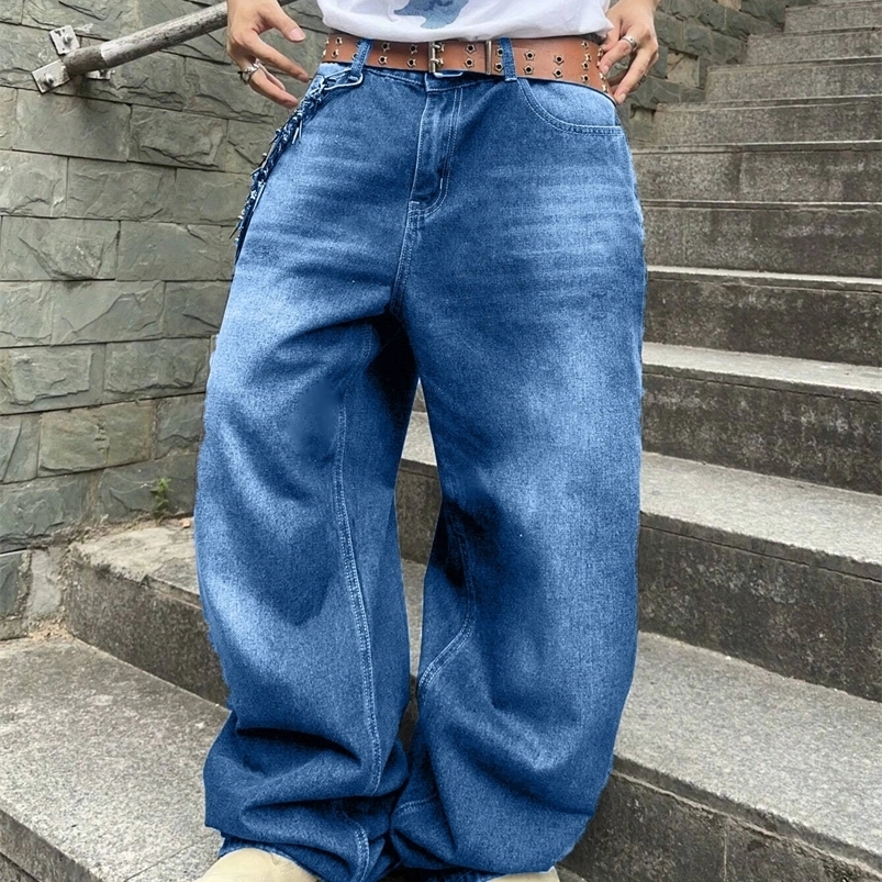 1 piece of mens loose hip-hop style denim jeans - casual streetwear washed blue strapless/decorative comfortable and fashionable 250423