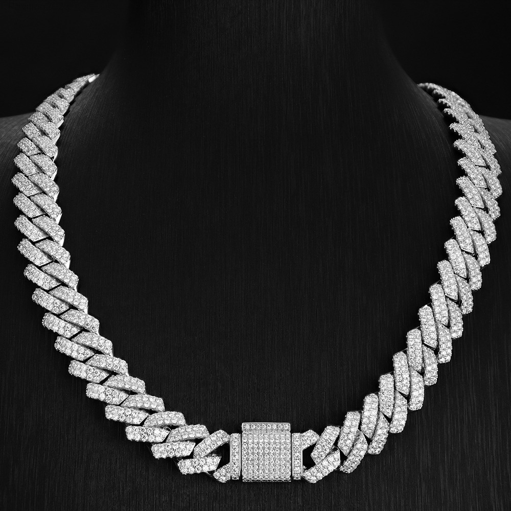Hip Hop 925 Silver Moissanite Necklace 13mm VVS Iced Out Cuban Link Chain Passes Diamond Test