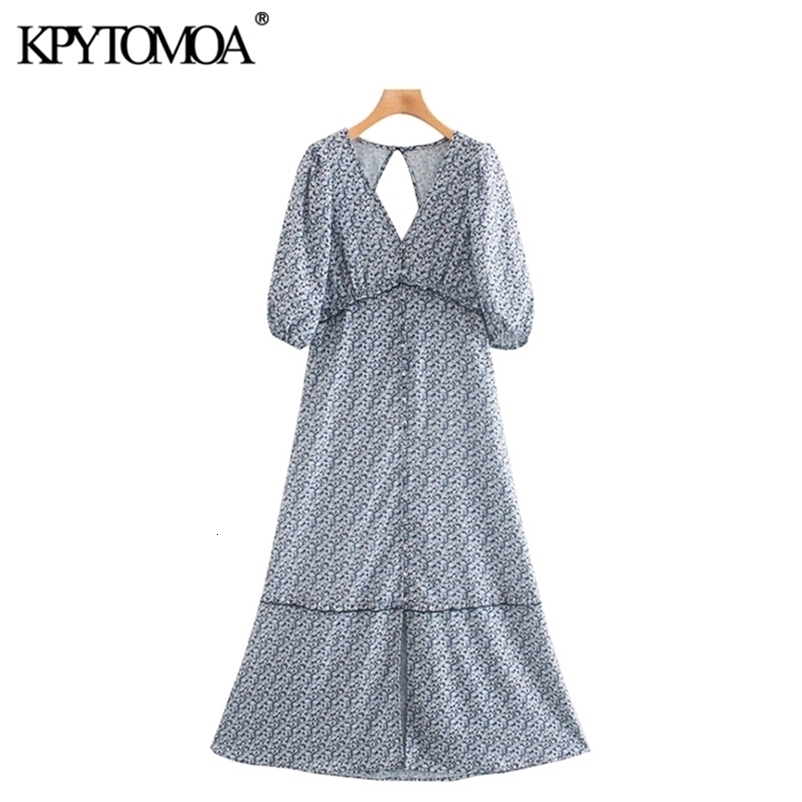 Women Chic Fashion Floral Print Ruffled Midi Dress Backless Puff Sleeve Slit Female Dresses Vestidos 210420