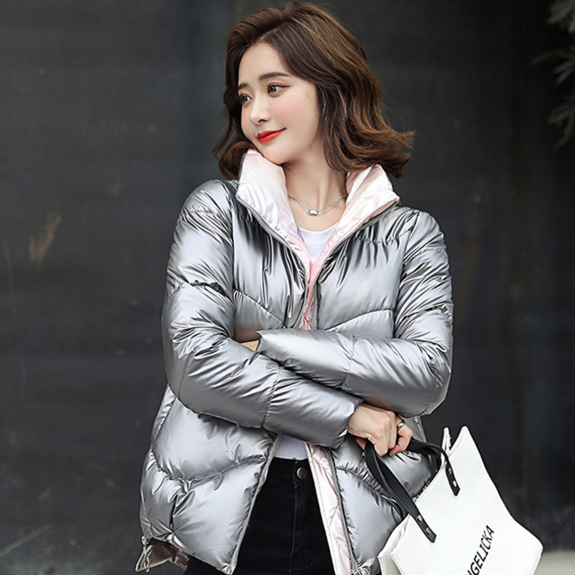 New Women Parkas Short Glossy Down Cotton Jacket Coats Zipper Padded Waterproof parka Pocket Stand collar Shiny coat 201019