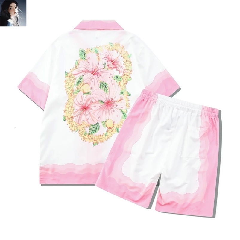 Pink White Color Match Flower Print Shorts Shirts Set High Quality Men Women Thin Fabric Hawaii Beach Holiday Surf Suit Summer 240518