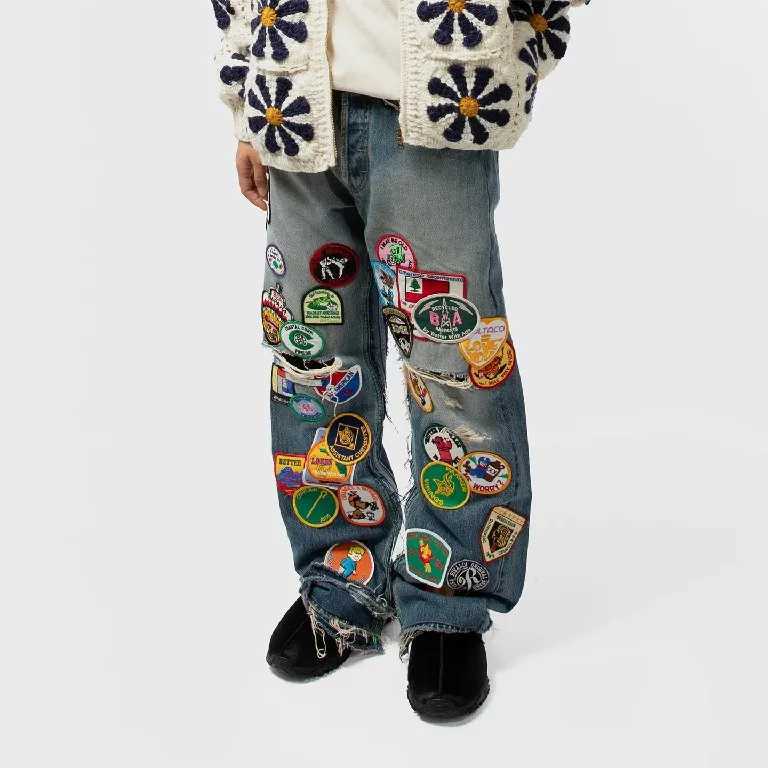 American Retro Embroidered Patch Jeans Y2K Clothes Rock Hip Hop Cartoon Patch Washed Blue Baggy Jeans Mid Waist Wide Leg Trouser X250924