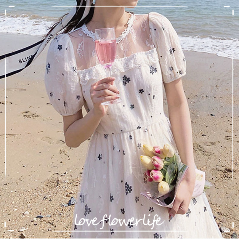 Summer Elegant Vintage Dress Women Casual Beach Party Dress Korean Short Sleeve Floral Midi Dress Female Lace 210521