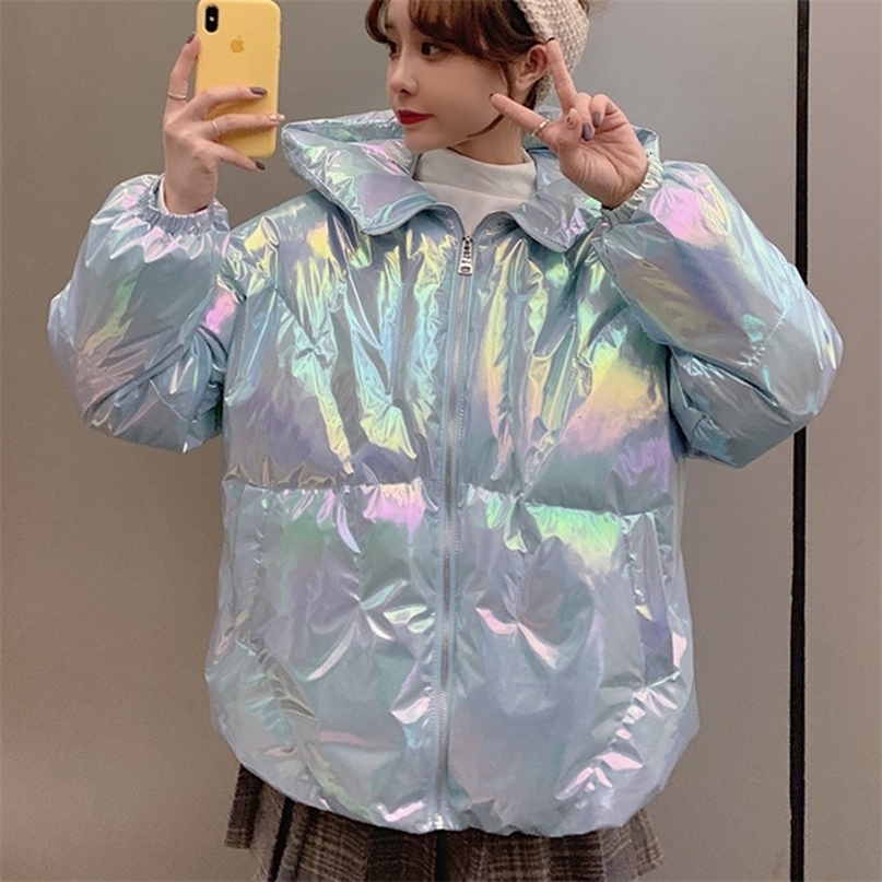 Harajuku Colorful Streetwear Glossy Winter Oversize Jacket Women Thick Padded Outwear Shiny Drawstring Jacket Cotton Parkas 200928