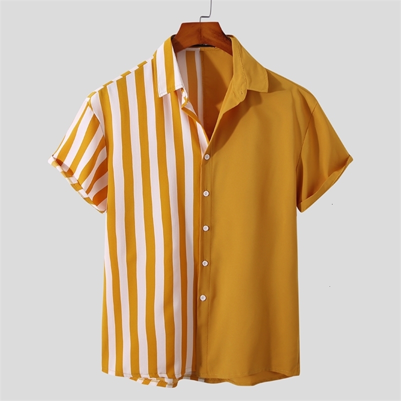 Men's Casual Shirts Summer Men's Short Sleeve Casual Shirt 3D Printing Lapel Striped Button Yellow Oversized Loose Street Fashion Comfortabl