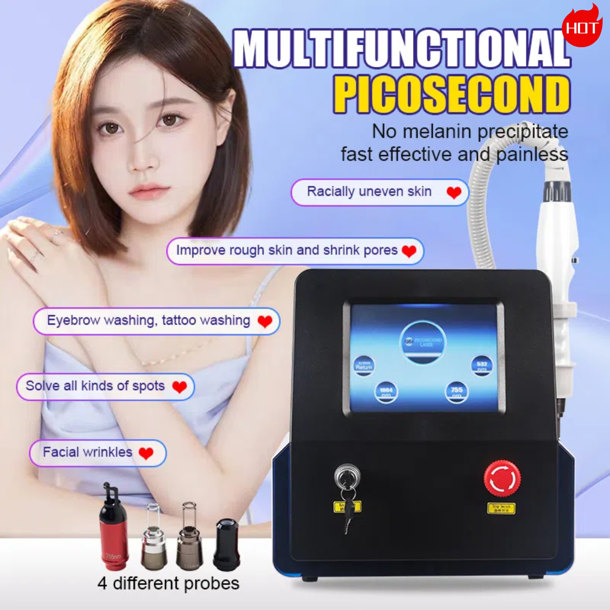 Advanced Nd:YAG Picosecond & Q-Switch Laser Machine - Non-Invasive Tattoo/Pigment Removal Treatment 1064nm 532nm 755nm