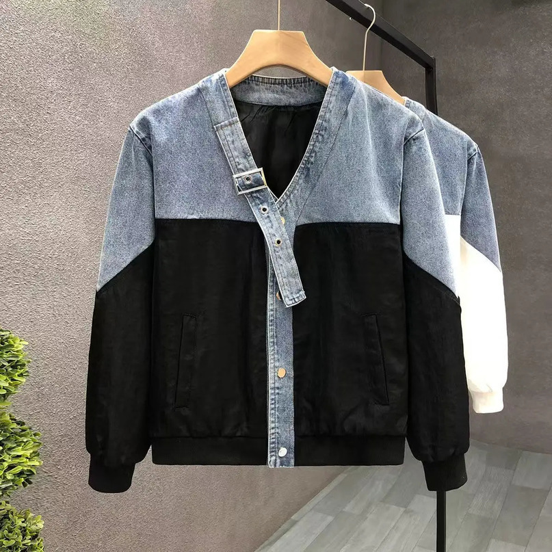 Autumn denim decal work jacket mens y ner Vneck top fashion loose cool streetwear 240904