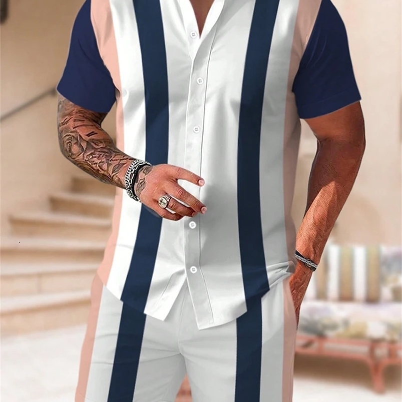 Summer daily mens short sleeved street fashion beach shorts patch work striped printed mens casual shirt and shorts set 250410