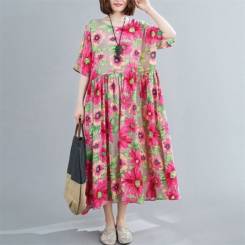 Oversized Women Vintage Print Long Dress New Summer Arts Style Loose Comfortable Female Cotton Linen Casual Dresses S2994 210412
