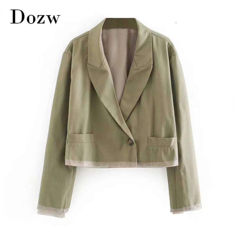 Fashion Army Green Color Short Blazer Women Patchwork Long Sleeve Work Wear Blazers Lady Pocket Single Button Coat 210414