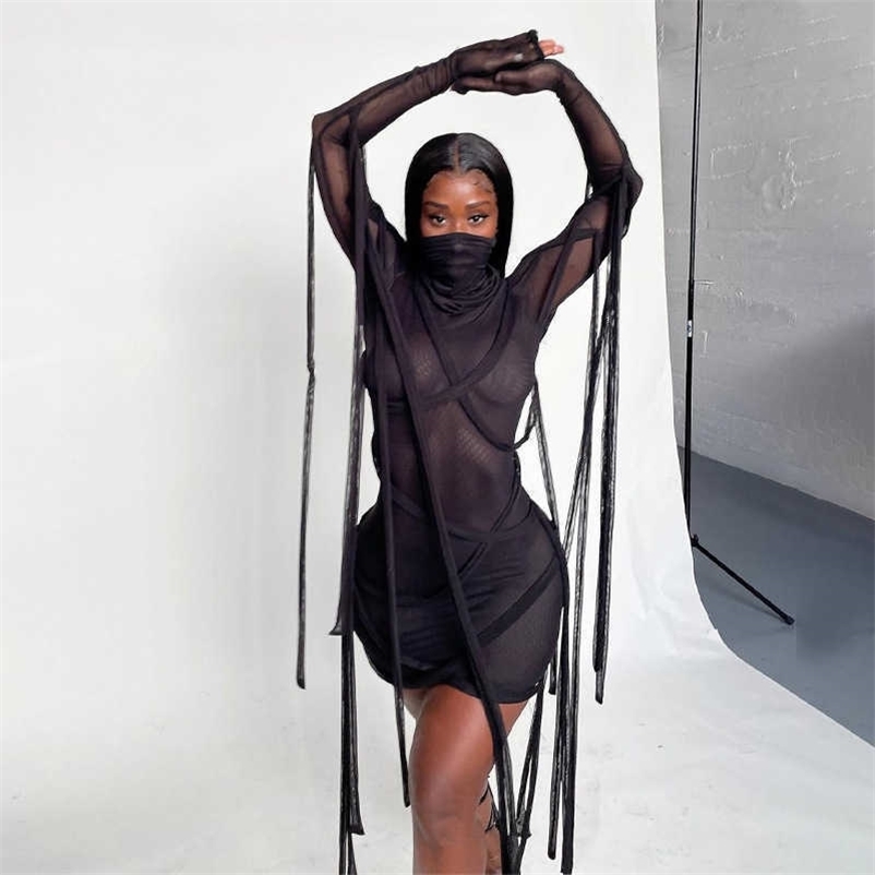 DEAT Women Sexy Stitching Mesh Dress Solid Color Long Sleeve Turtleneck High Wasit Fashion Spring Summer 11B014 210709