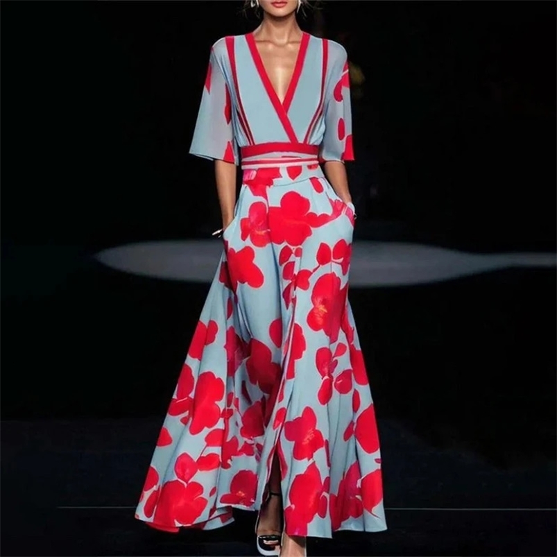Womens Fashion Spring V Neck Belted Party Long Dress Sexy Printing A-Line Boho Dress Summer Short Sleeve Pocket Maxi Dresses 250117