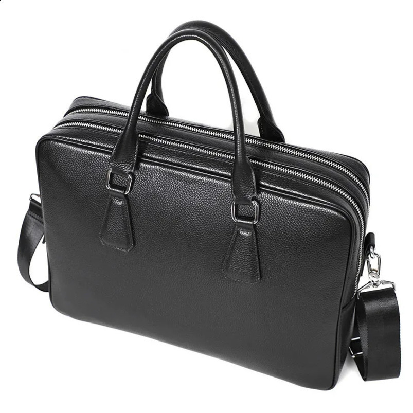 Double Zipper Briefcase Men Bag Genuine Leather Shoulder 14 inch Laptop Bags Large Capacity Handbag Business Mens 240827