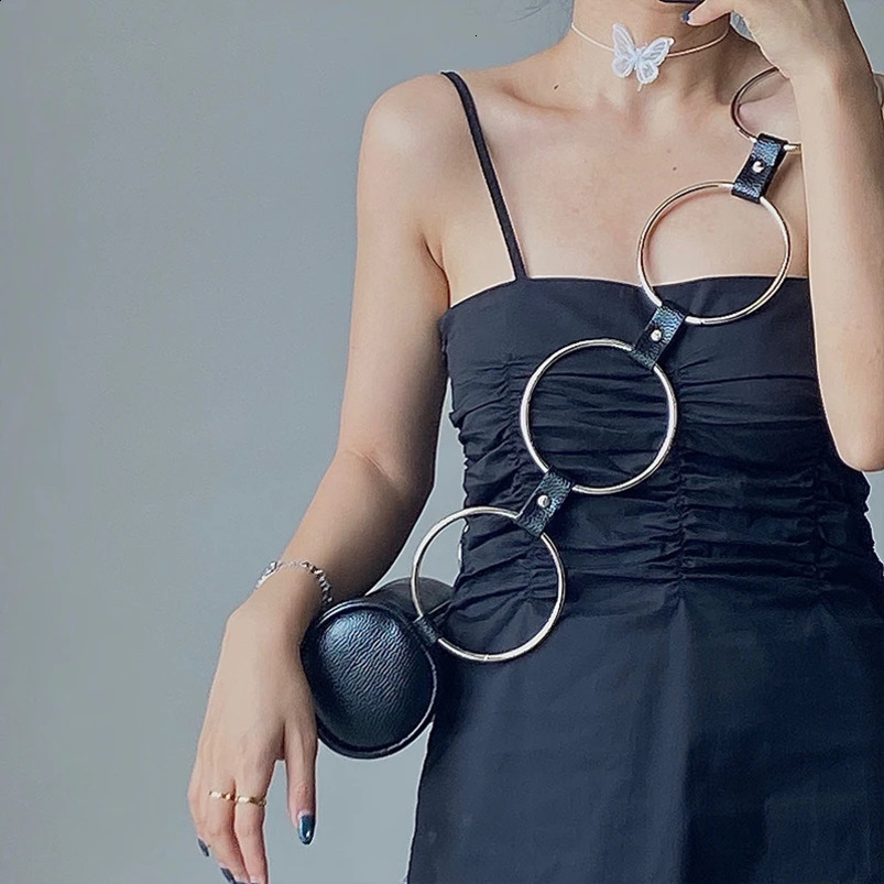 Personalized Womens Bucket Bag Fashion n Metal Ring Shoulder PU Leather Cool Girl Black Wrist Messenger 240919