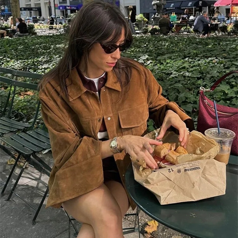 Womens Fashion Single Chest Suede Jacket Retro Solid Collar Full Sleeve Pocket Short Coat Womens Fashion Coat 241031