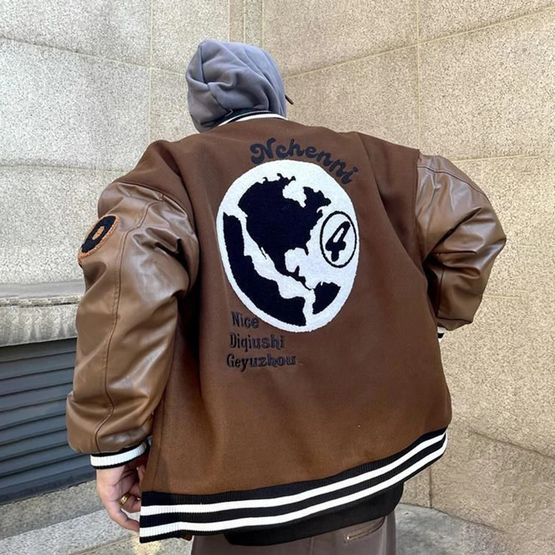 Autumn/Winter American Retro Baseball Jacket Mens Letter Global Embroidered Patch Work Casual Leather Jacket Pilot Loose Jacket 241031