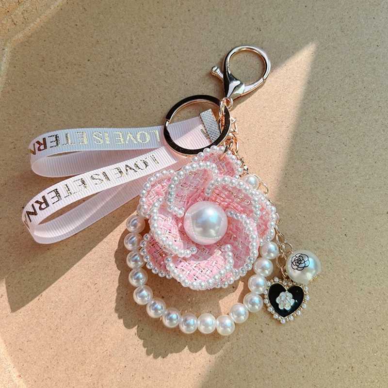 Fashion Boutique Fabric Ribbon Women Jewelry Pearl Chain Handmade Camellia Keychain Car Key Ring Bag Pendant Accessories Keyring Gift D250924