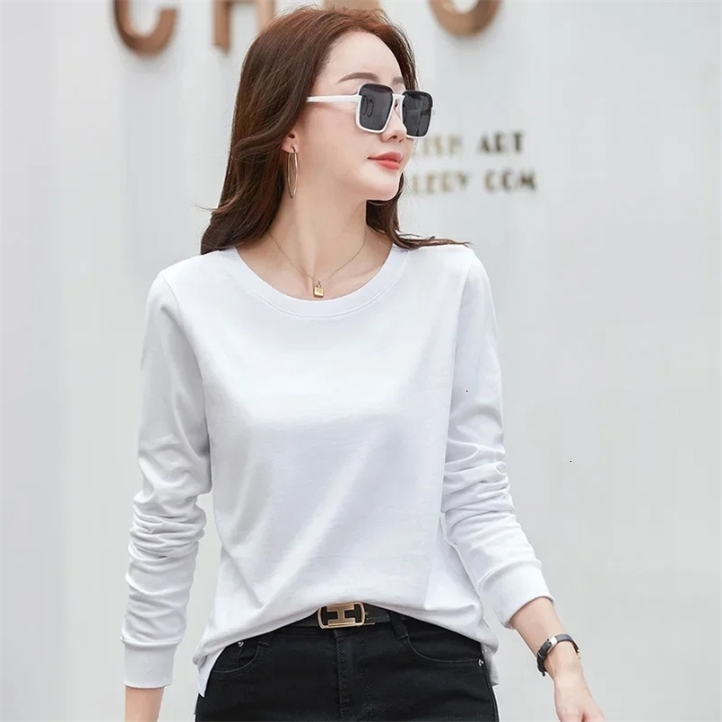 Long sleeved round neck womens T-shirt solid color casual womens bottom shirt womens cotton T-shirt clothing wholesale 241031