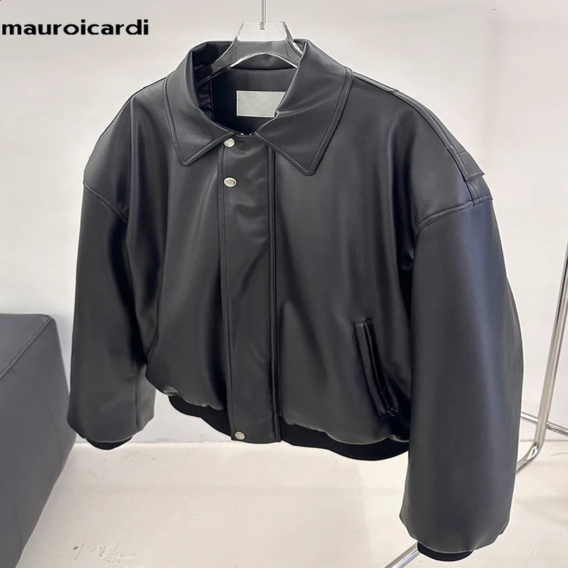 Mauroicardi Spring Autumn Cool Oversized Thickened Warm Black Soft Pu Leather Jacket Men Shoulder Pads ner Clothes 241122