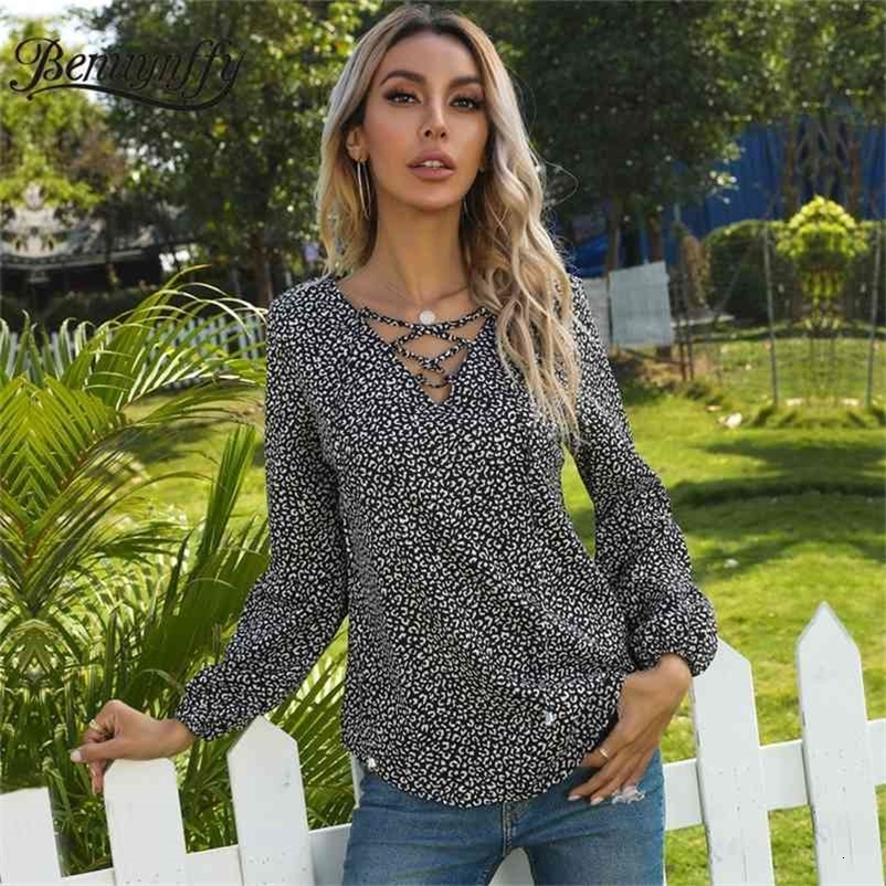 Tie Neck Printed Women Tops And Blouses Spring Summer V-neck Long Sleeve Top Female Casual Blusas Free 210510