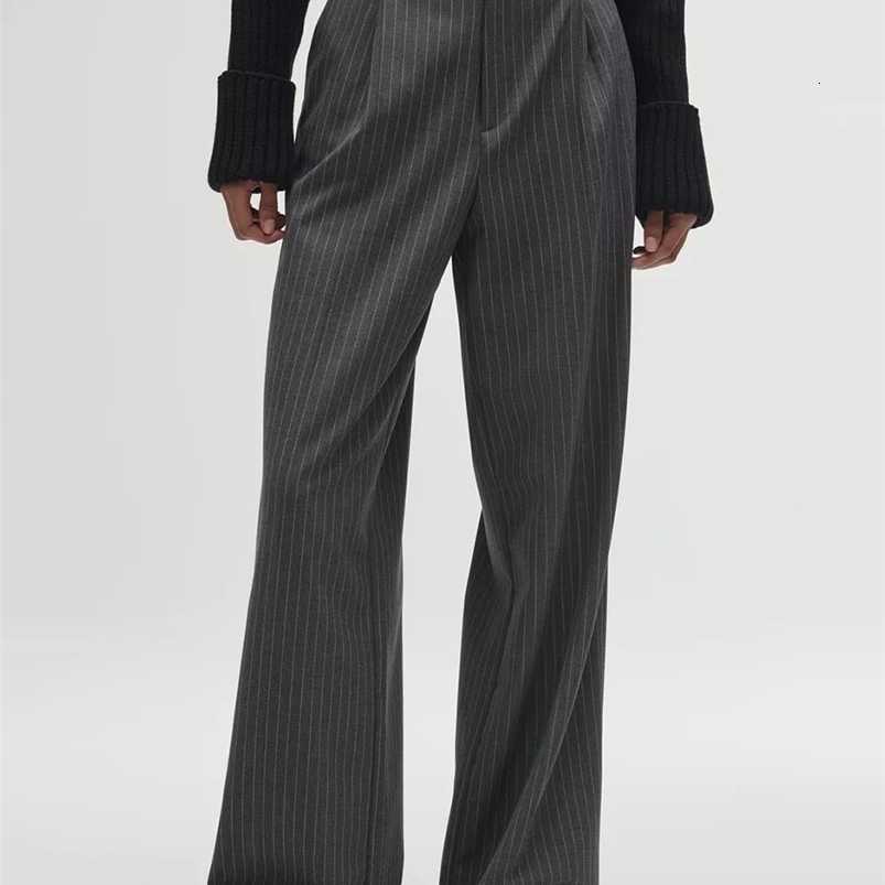 Wixra Women Casual Pants Zipper High Waist Package Striped Office Lady Stylish Loose Straight Trousers Z260314
