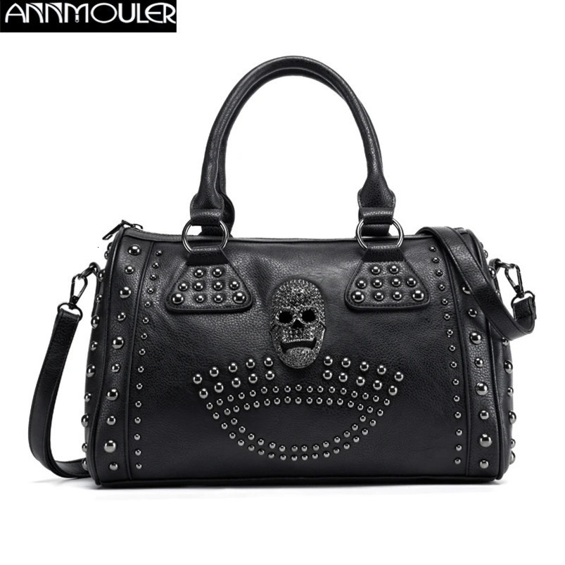Annmouler Womens Bag Trend Large Capacity Boston Black Skull Handbag y Pu Leather Rivet Ten Font Wallet 240903