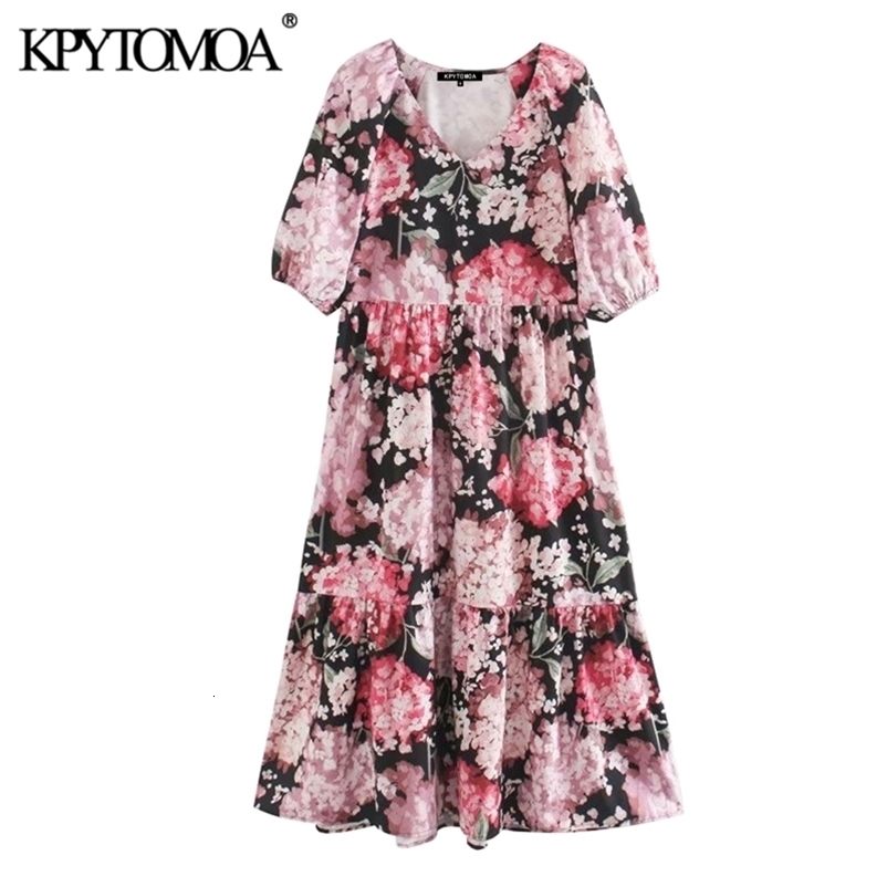 Women Chic Fashion Floral Print Pleated Midi Dress V Neck Puff Sleeve Female Dresses Vestidos Mujer 210420