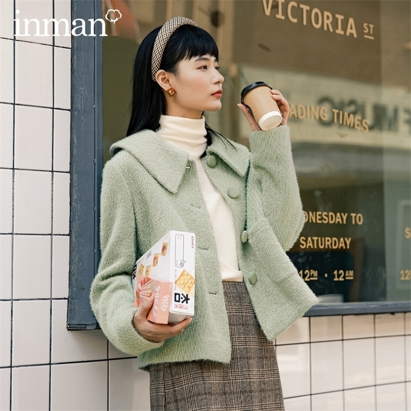 INMAN Autumn Winter New Arrival Warm Simple Plush LongSleeved Button Top Coat 201019