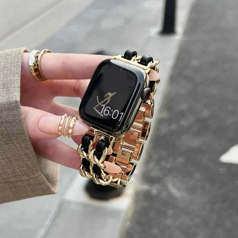 Double row metal denim chain with blackwhite leather Watch Band 22mm3849mm Womens Bracelet for iWatch Ultra 81 Z250924