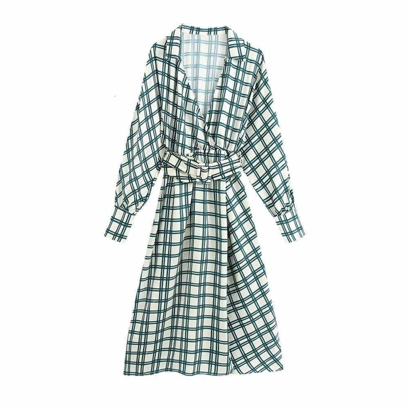 Women Dress Check Print V-neck Long Sleeves Elasticated waist Belted Midi Dress Elegant Femme Robe Ropa Mujer Vestidos 210709