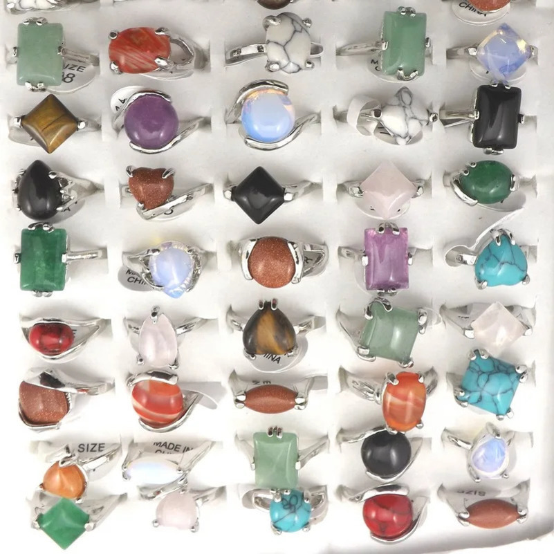 XiaoTYM Mix Lot Natural Stone Ring Womens Fashion Jewelry Bag 50 pieces/bag 250322