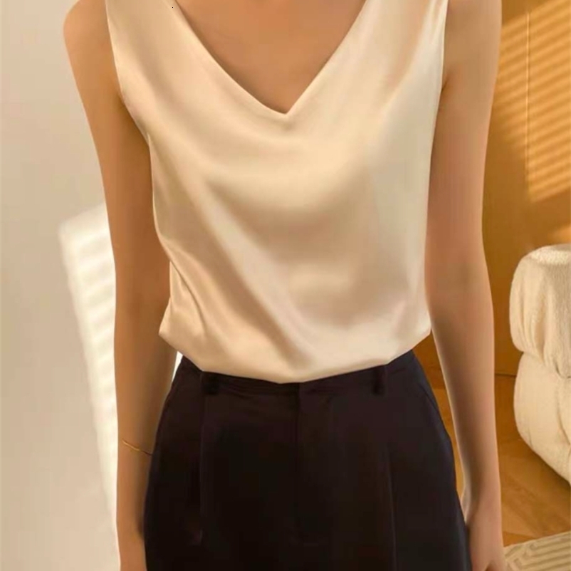 Camisoles Tanks White Silk Women Summer Top Camisole Elegant Temperament Tank Top Women Spring and Summer Vest Office Lady V-neck Halter Top 230426