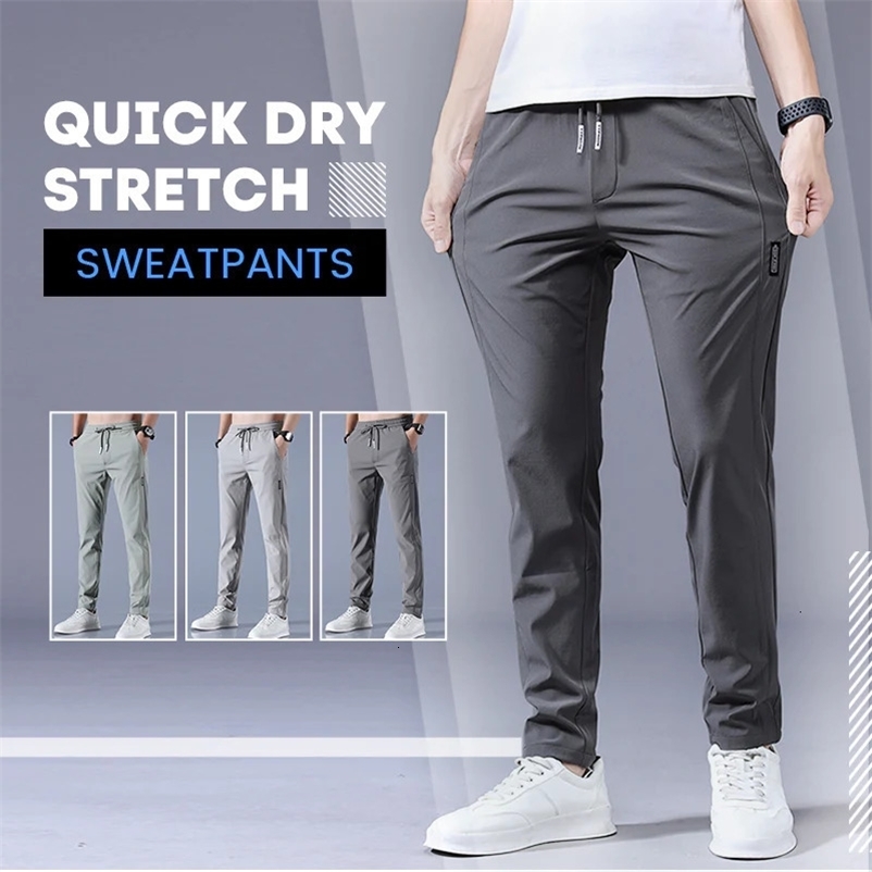 Men's Pants Men Fast Dry Stretch Pants Ice Silk Trousers Solid Color Mid-Waist Loose Breathable Straight-Leg Casual Pants Thin Sports Pants 23032