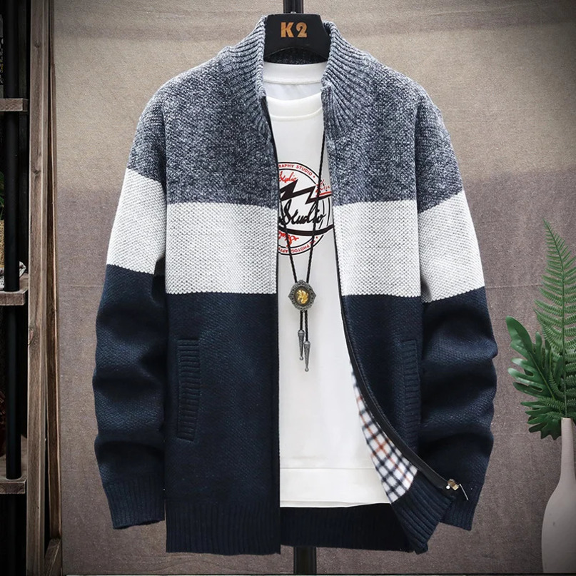 Autumn Winter Cardigan Sweater Men Fleece Zipper Sweaters Velvet Contrast Striped Coats Casual Jackets 241217