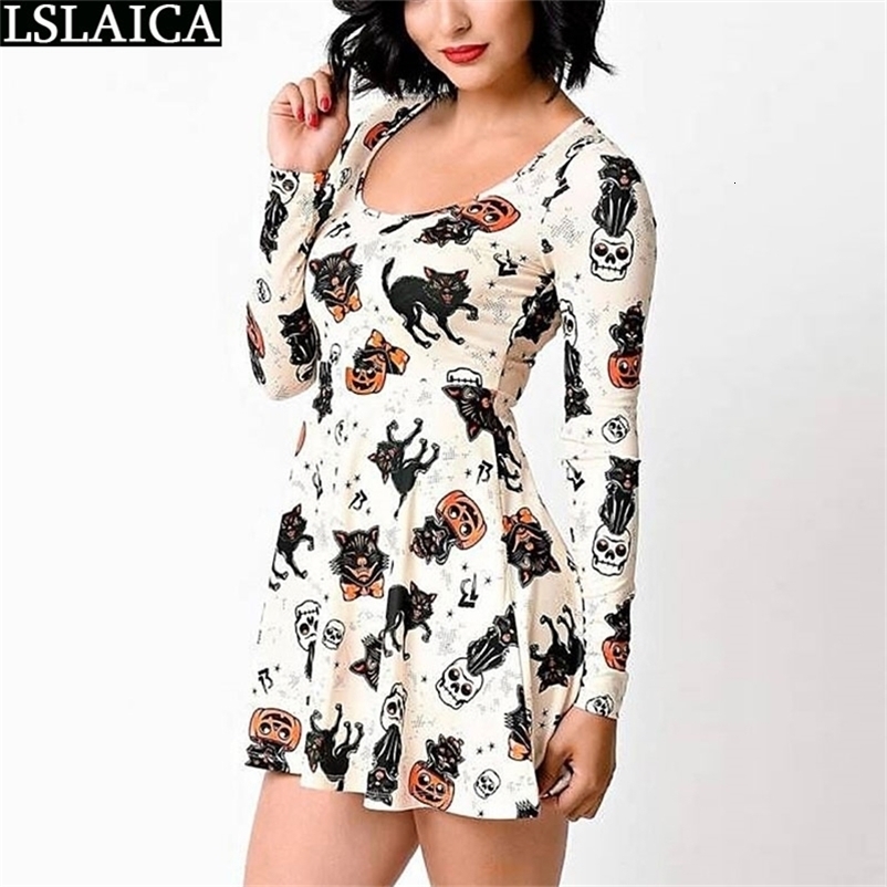 fashion spring women dress long sleeve O-neck cartoon print sexy high waist slim casual party wild office 210515