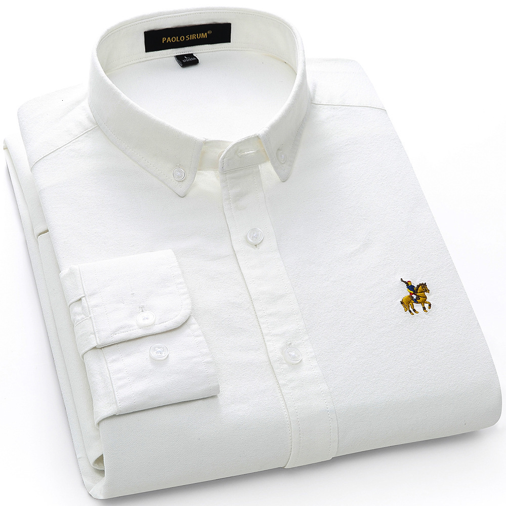 European Cotton Oxford Mens Long Sleeve Solid Color Shirt Large Cotton Embroidery Shirt 210316