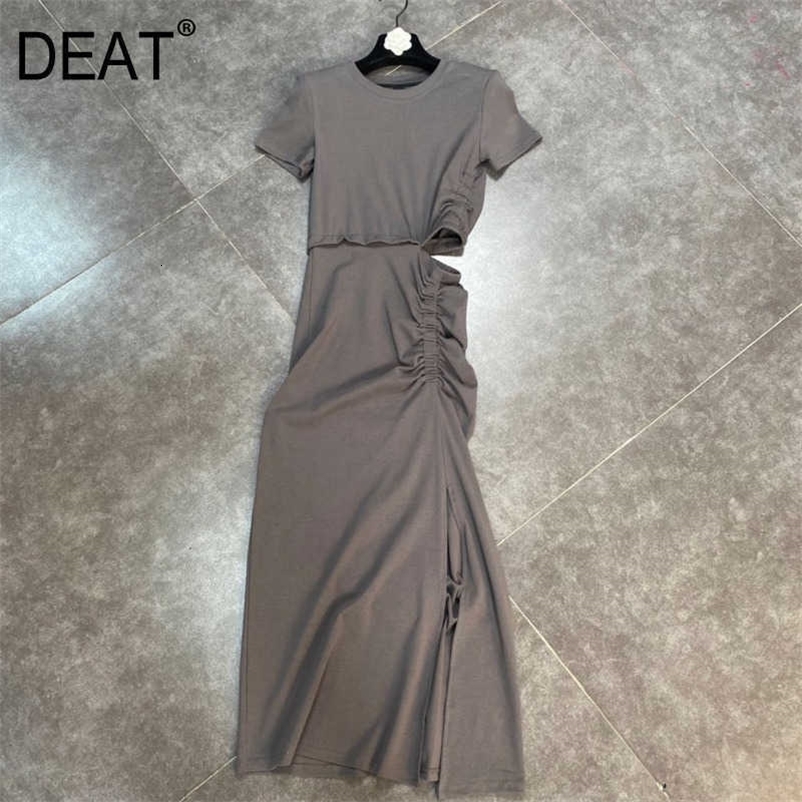 DEAT Women Holloe Out Pleated Midi-long Dress Round Neck Short Sleeve Arrivals Lady Sexy Fashion Spring Summer 11D694 210709