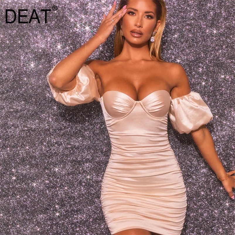 DEAT Spring Summer Arrivals Solid Slash Neck Backless Temperament Sexy Pleated Lantern Sleeve Slim Dress MZ200 210709