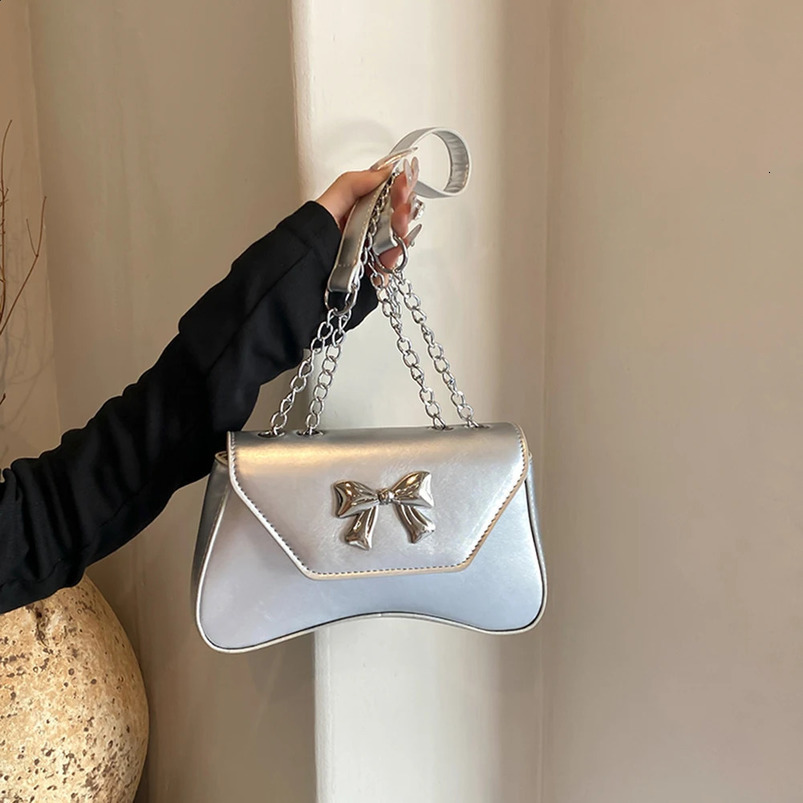 Womens PU Bow Simple Cross Body Bag Large Capacity ner Small Handbag Solid Color Top Chain Strap Fashion Stray 240817