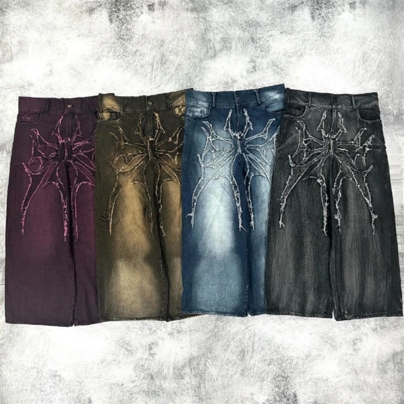 Gothic geometric spider pattern embroidered oversized high-waisted jeans for men y2k American washed old wide-leg pants 240704