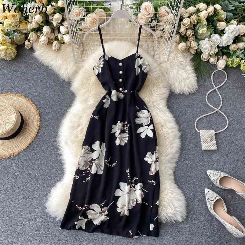 Sexy Spaghetti Strap Women Dress Vintage Floral Print Sleeveless Button Dresses Ladies High Waist Back Bandage Vestidos 210422