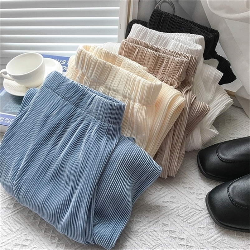 Women's Pants Capris Women Wide Leg High Waist Casual Chiffon Ice Silk Long Female Bohemian pleated Trousers pants 220916 Z260314