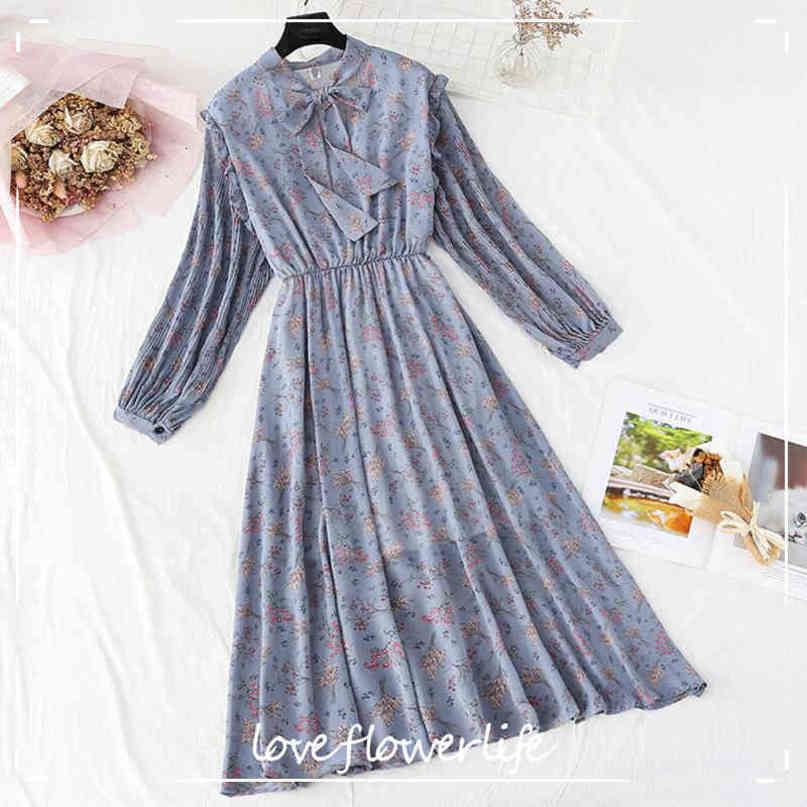 Elegant O-Neck Ruffles Women Dress Elastic Waist Print Chiffon Dress Spring Vintage Long Sleeve Bow Midi Dress Vestidos 210521