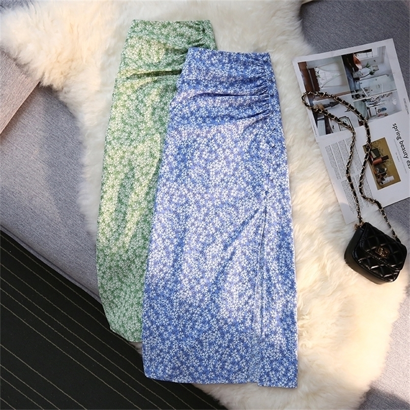 Sexy Print Split Skirt Womens Summer Aline High Waist Slim Midi Skirts Female Retro Elegant Wrap Hip Skirt Fashion 220701
