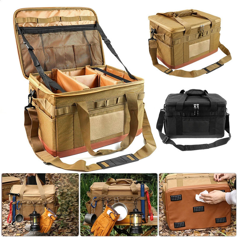 30L Outdoor Camping Storage Bag Large Capacity Picnic Cooking Utensil Organizer Waterproof Folding Bottom 3 Adjustable Divider 240828