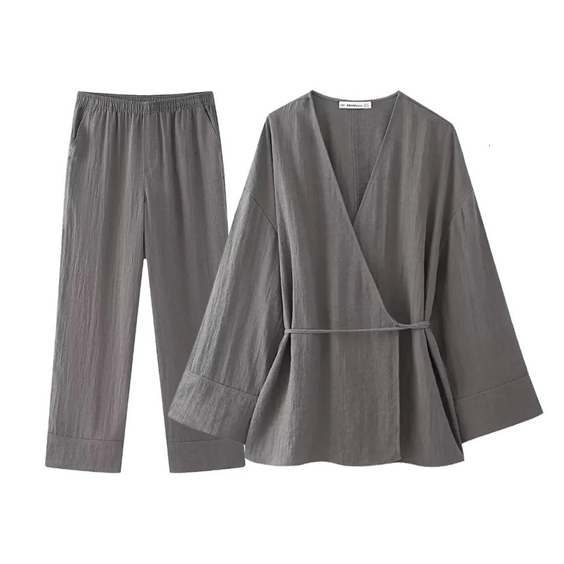 Aoaiiys Grey Pants Sets Women Fashion Two Piece Set Lace Up Loose Coats Vintage Tops High Elastic Waist Trousers Chic 240423