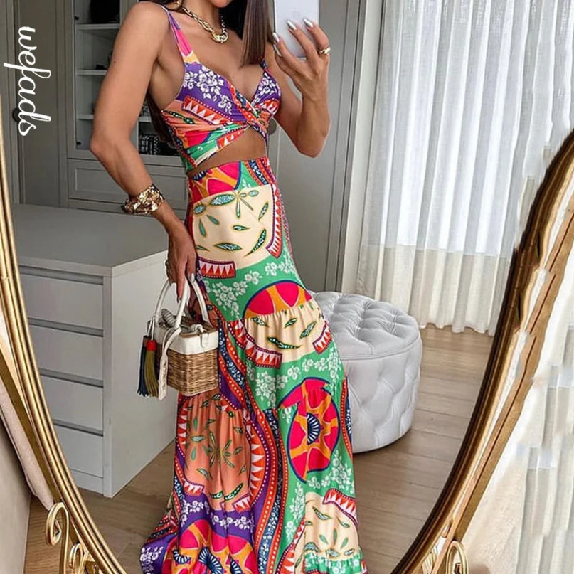 Wefads Two Piece Set Women Summer Casual Retro Printed Sleeveless V Neck CrissCross Vest Top Loose Long Skirt Sets Streetwear 240423